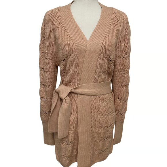 Express Women Beige Tan Pointelle Belted Cable Knit Long Cardigan Sweater Medium - Picture 8 of 9